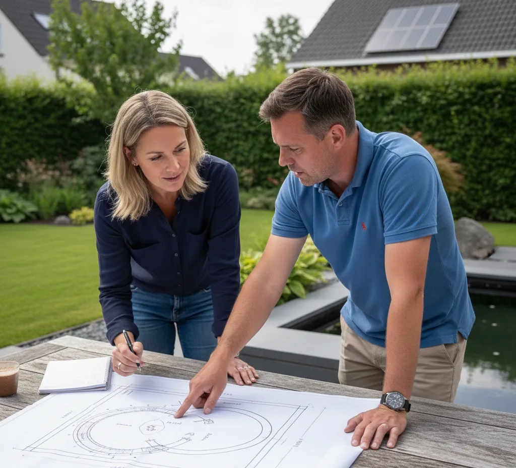 Landscape contractor explaining water feature 1